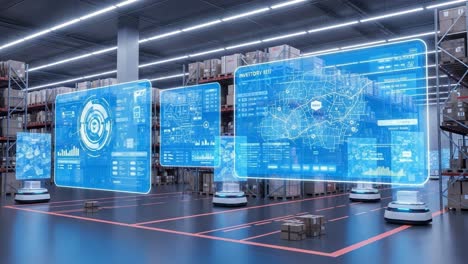 futuristic warehouse management system with data analytics and robotics enhancing inventory control and efficiency in a modern distribution environment