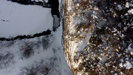 árboles-En-La-Cima-Del-Acantilado-Con-Un-Arroyo-Nevado-Debajo-En-Invierno-Cerca-De-Bialka-Tatrzanska,-Polonia