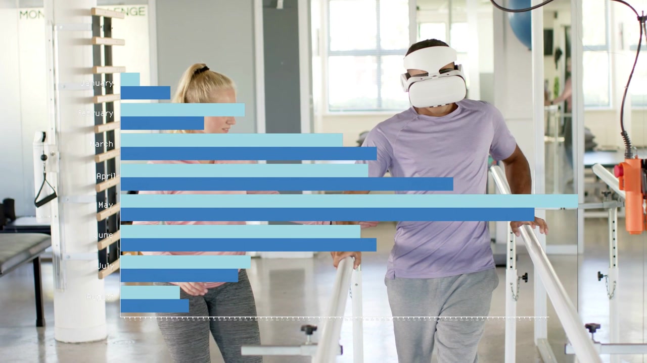 Vertical video: Male patient gripping parallel bars walking, VR activating rehab chart for therapy