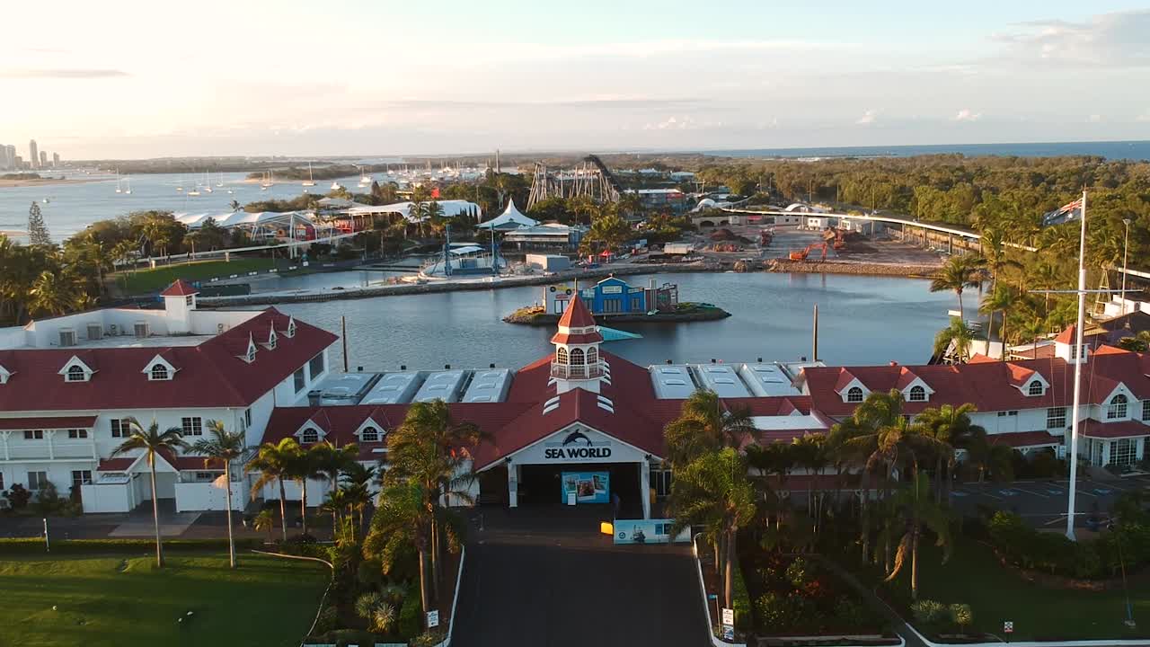 Static aerial drone footage showing the Sea World theme park closed down due to the Coronavirus pandemic