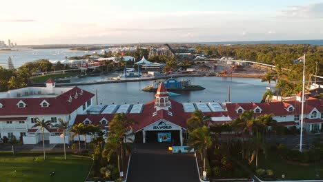 static aerial drone footage showing the sea world theme park closed down due to the coronavirus pandemic