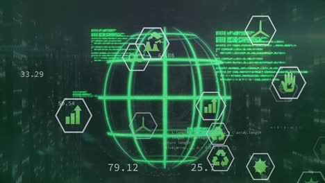 Animation-Von-Datenverarbeitungs--Und-Ökologiesymbolen-Auf-Dem-Globus