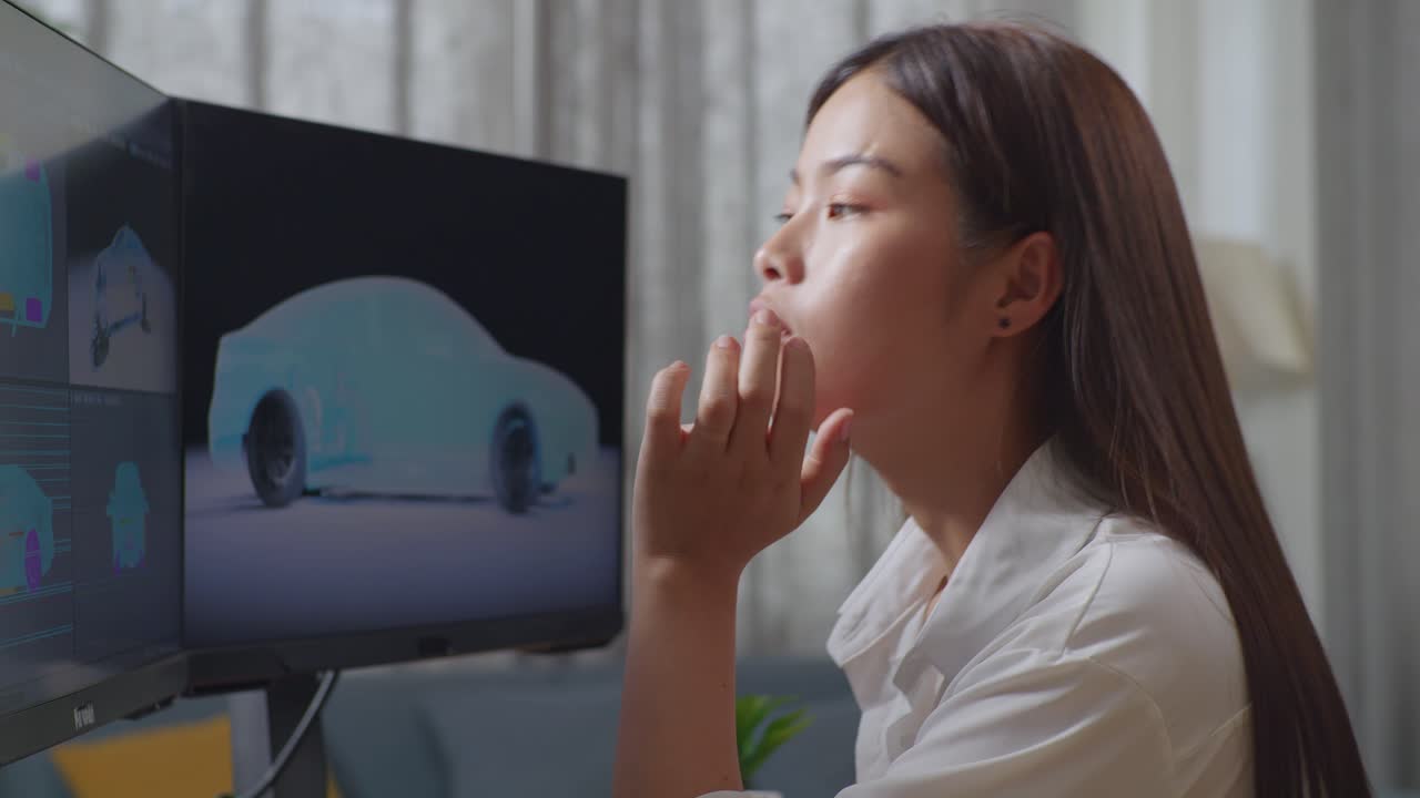 Close Up Side View Of Asian Female Automotive Designer Holding Hands On Cheek While Working Boringly On 3D Model Of Ev Car On The Desktop Computers In The Studio