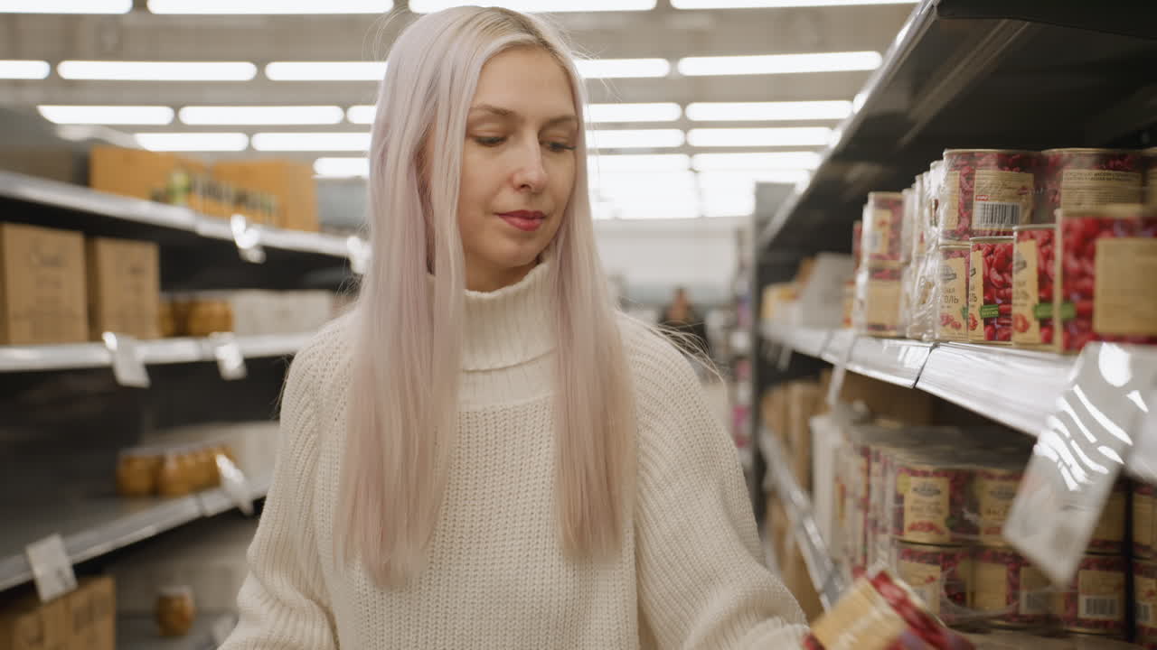 Elegant grocery shopper with platinum hair rolls trolley between stocked shelves, stops before canned food section, chooses tin for purchase while bright store lights reflect on retail aisle