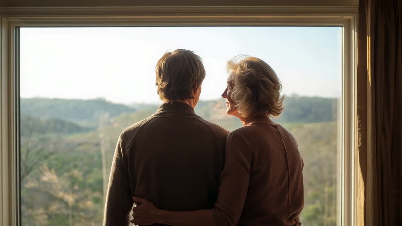 Standing senior couple holding waist as window light drawing them closer at home in soft sweaters