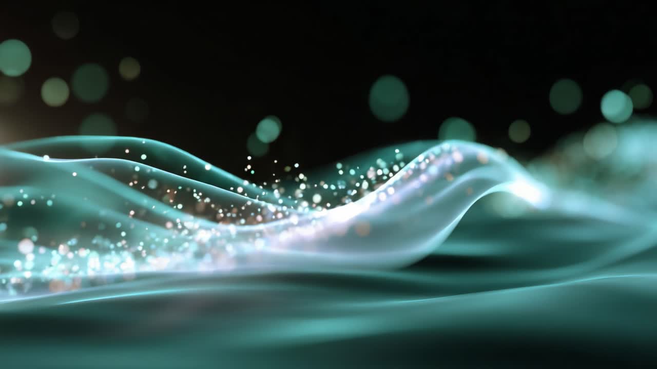 Elegant waves of shimmering particles in motion, creating a mesmerizing visual effect of light and fluidity against a dark background