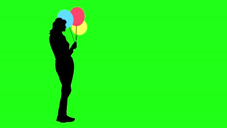 silueta negra de la chica con tres globos de colores en un fondo de pantalla verde. animación 4k.