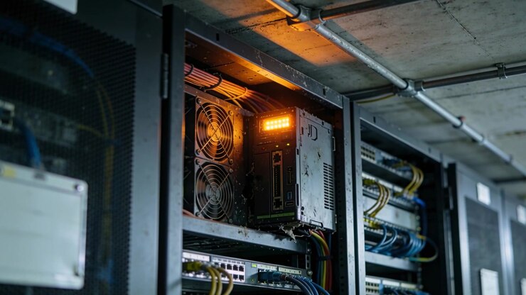 Movimento della telecamera che mostra un rack aperto in una sala server nel seminterrato, LED arancione attivo e ventole in rotazione