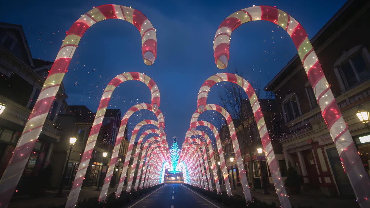 At dusk, camera gliding along street under lit candy cane arches toward Christmas tree