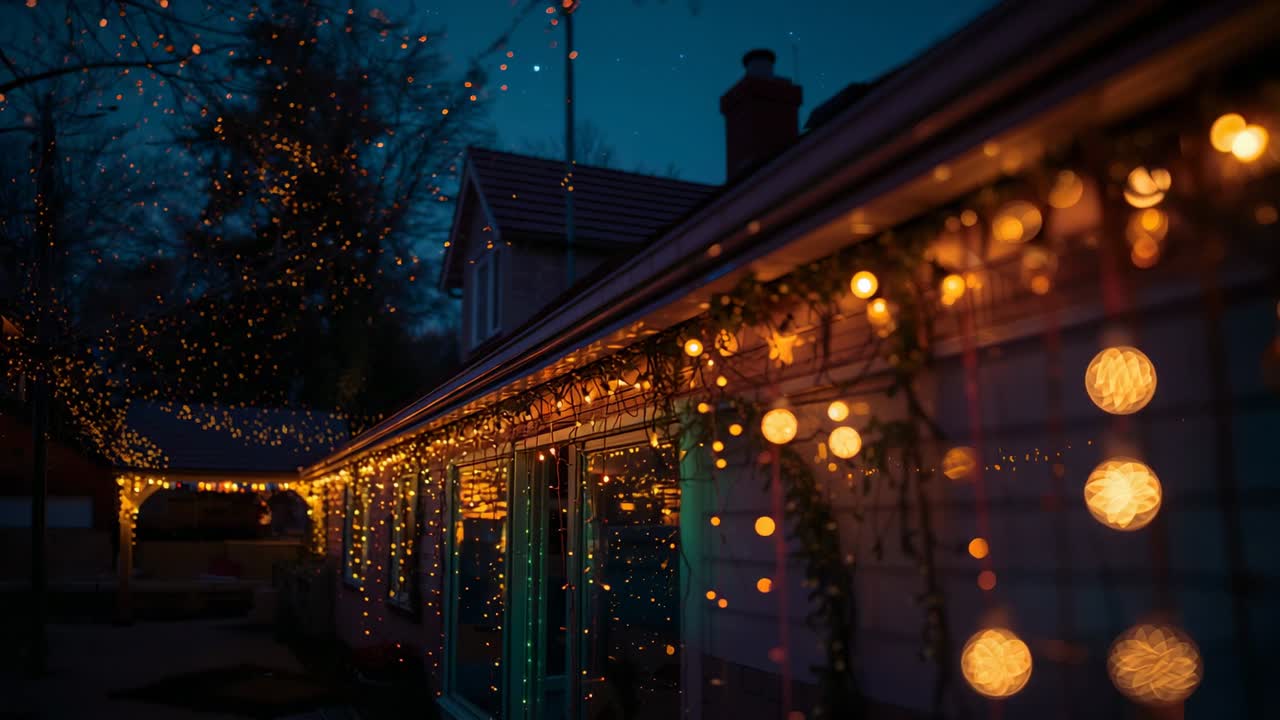 Camera panning across one-story house front at dusk, revealing warm yellow string lights twinkling