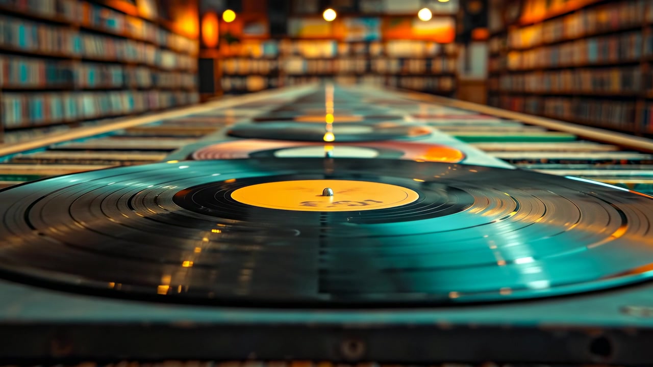 Vintage vinyl records lined up on table in record store. A close-up selective focus shot of multiple black vinyl LPs displayed in rows inside a retro music shop.