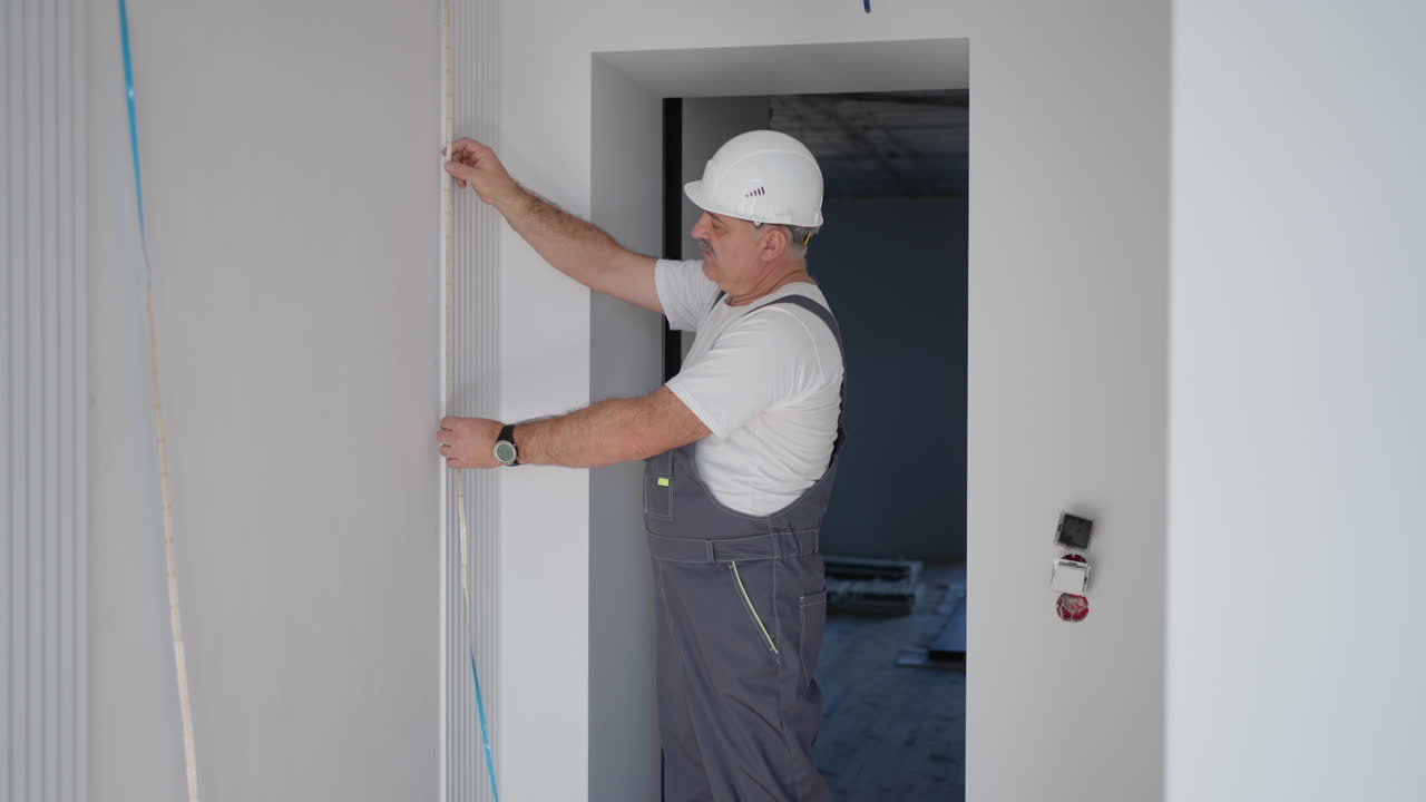 An electrician in a helmet installs and checks LED strips for illumination in the apartment. Turn on and check the light and decorative lights