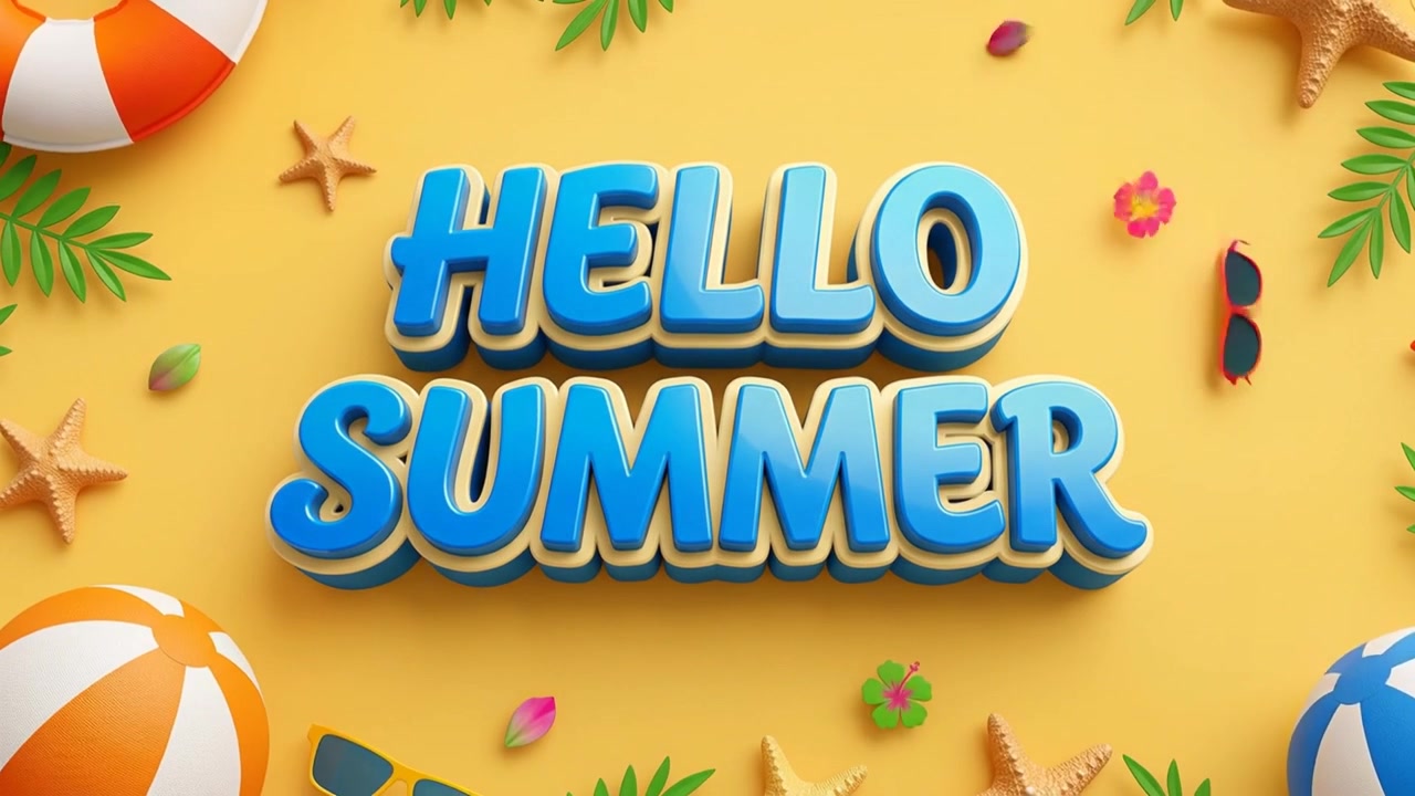 Hello Summer 3D Text Animation with Beach Elements