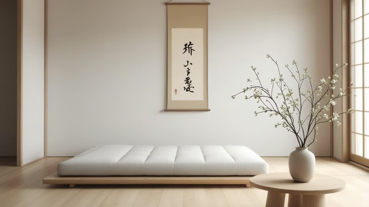 Minimalist Japanese bedroom featuring white futon, wooden furniture, calligraphy artwork, soft natural light filtering through shoji sliding door