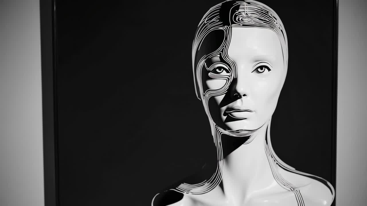 Monochrome portrait revealing woman's fragmented identity, facial silhouettes blending with geometric white lines against dark background, embodying psychological complexity