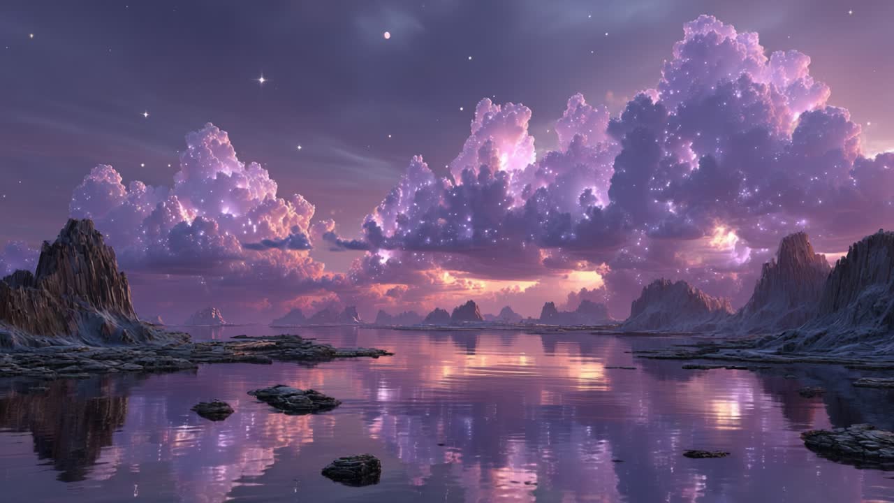 A Stunning Scene of Ethereal Clouds Reflected in Serene Waters at Dusk, Illuminated by a Mystical Glow and the Enchantment of a Dreamlike Landscape