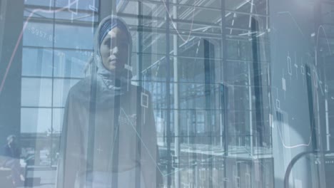 Animation-of-financial-graphs-over-biracial-businesswoman-in-hijab-walking-in-office