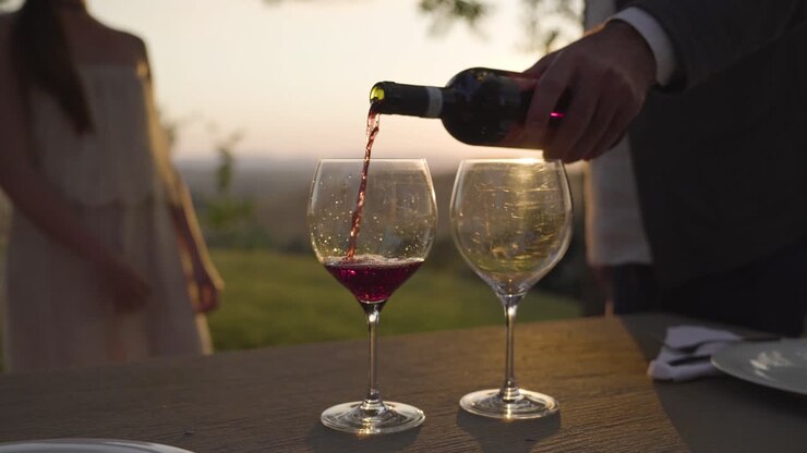 glass of red wine pouting from bottle at sunset with a beautiful woman waiting on background of vineyards italian Tuscany hills