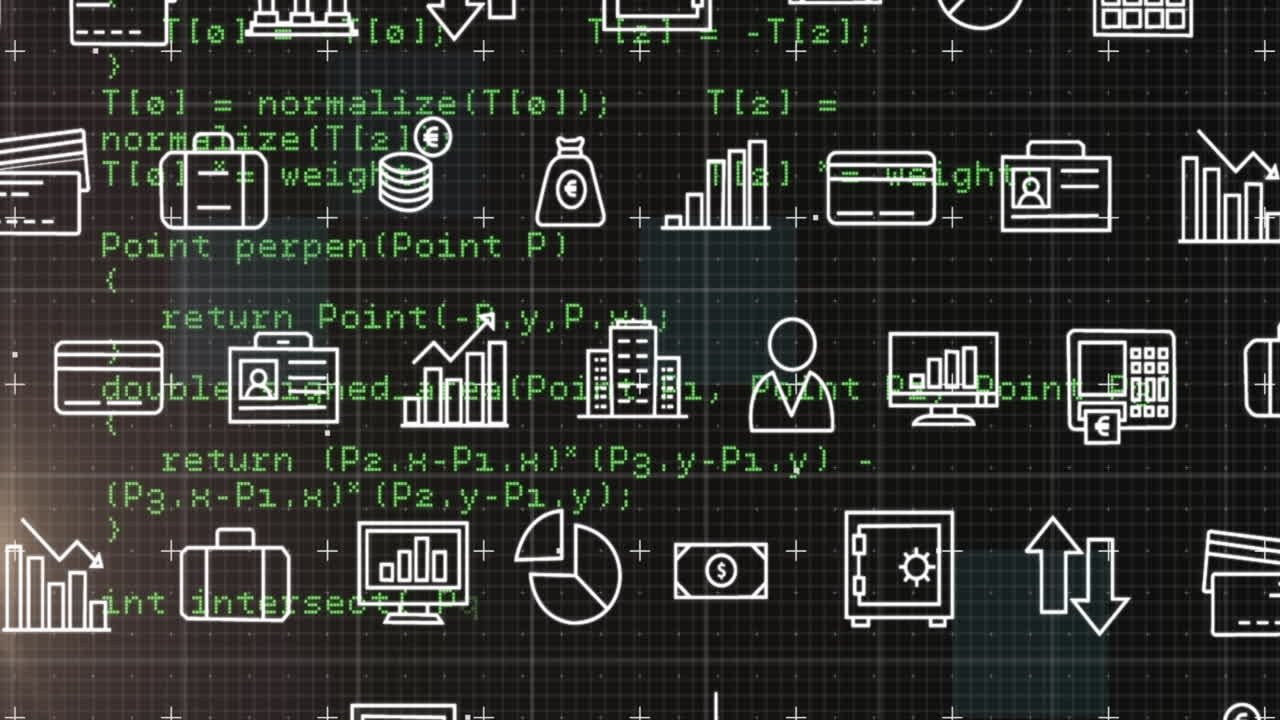 Animation of multiple digital icons moving over data processing against black background