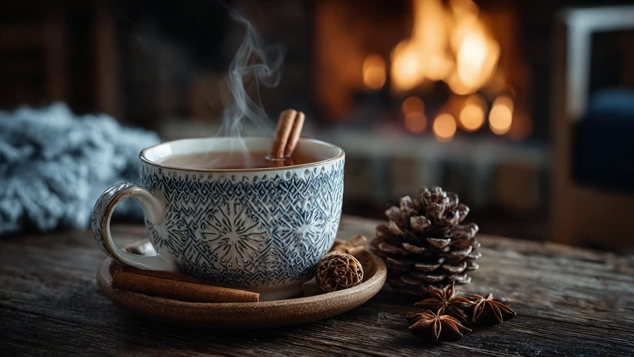 Warm and Inviting: A Cozy Scene Featuring a Steaming Cup of Tea with Cinnamon, Surrounded by Natural Decor and a Soft Glow from a Fireplace