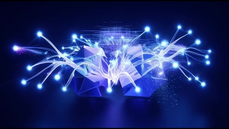 Forme geometriche digitali astratte con connessioni in fibra ottica luminose