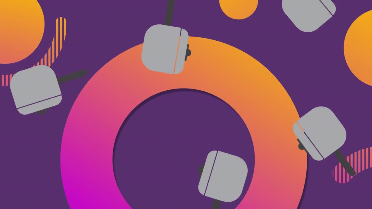 Animation of grey saucepans falling over orange and pink ring and circles on purple background