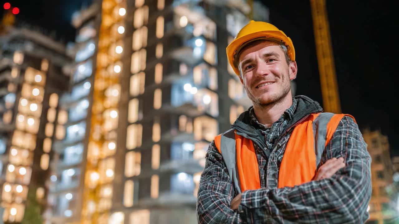 A confident construction worker stands proudly at night at a building site, showcasing safety gear and a dedicated attitude while surrounded by modern architecture