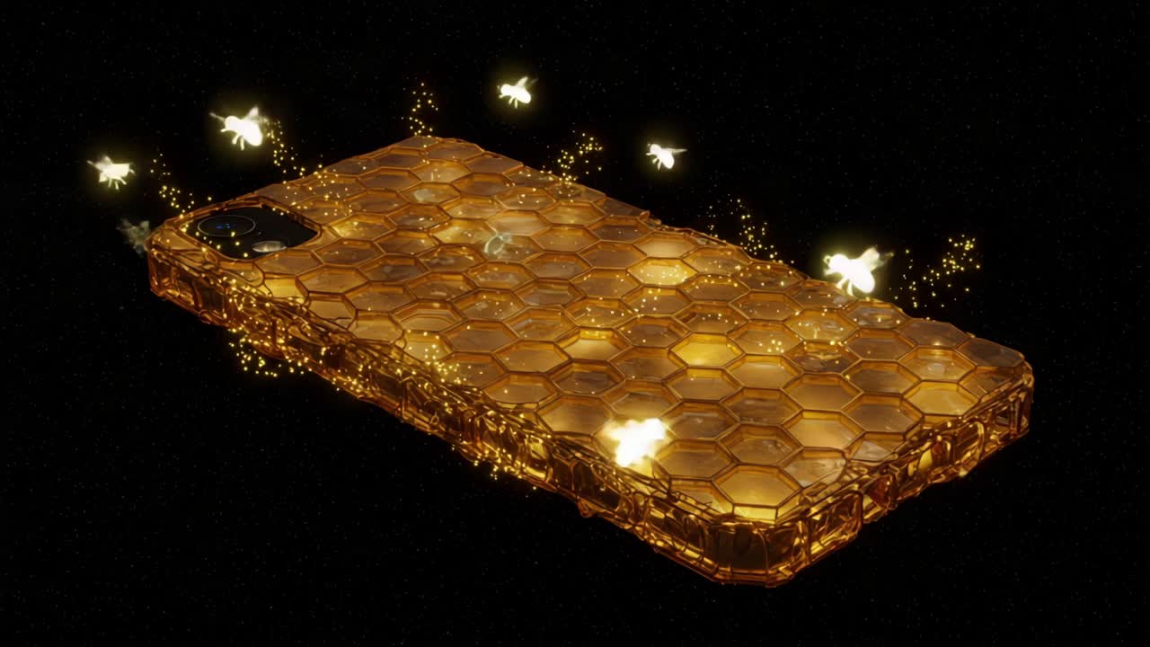 A Stunning Artistic Representation of a Phone Case Adorned with a Honeycomb Design and Glowing Bees, Capturing a Magical and Lively Scene in Dark Background