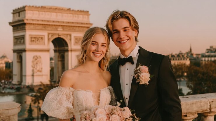 Joyful Couple Celebrating Their Wedding with Blossoms and Smiles in Front of Iconic Architectural Landmark at Sunset