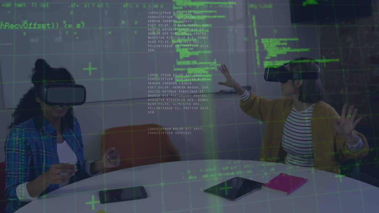 Animation of processing data over two diverse businesswomen using vr headsets in office
