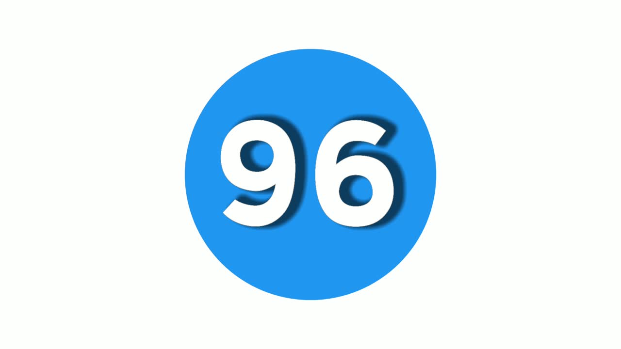 96: símbolo de señal, animación, icono de gráficos en movimiento en un círculo azul, fondo blanco, número de vídeo de dibujos animados para elementos de vídeo.