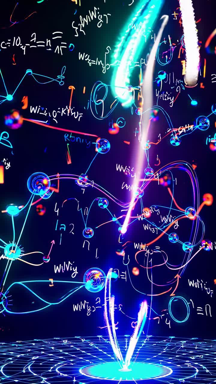 Futuristic video concept with neon mathematical formulas and glowing lines