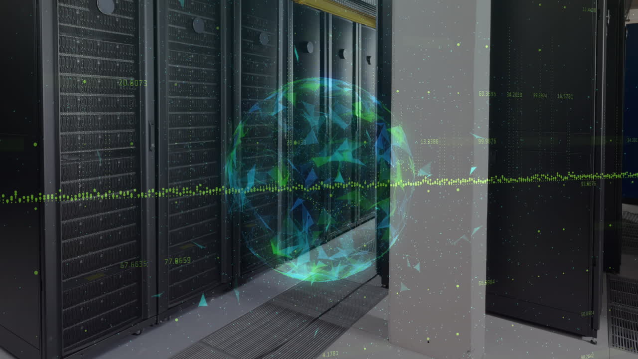Globe of plexus networks spinning against computer server room