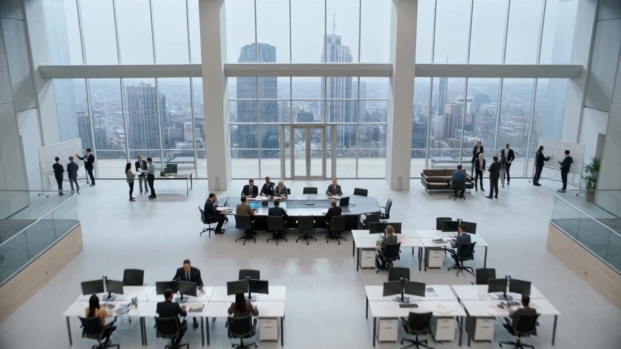 Recording wide view staff preparing meeting shifting sitting at high-rise office with desks suited