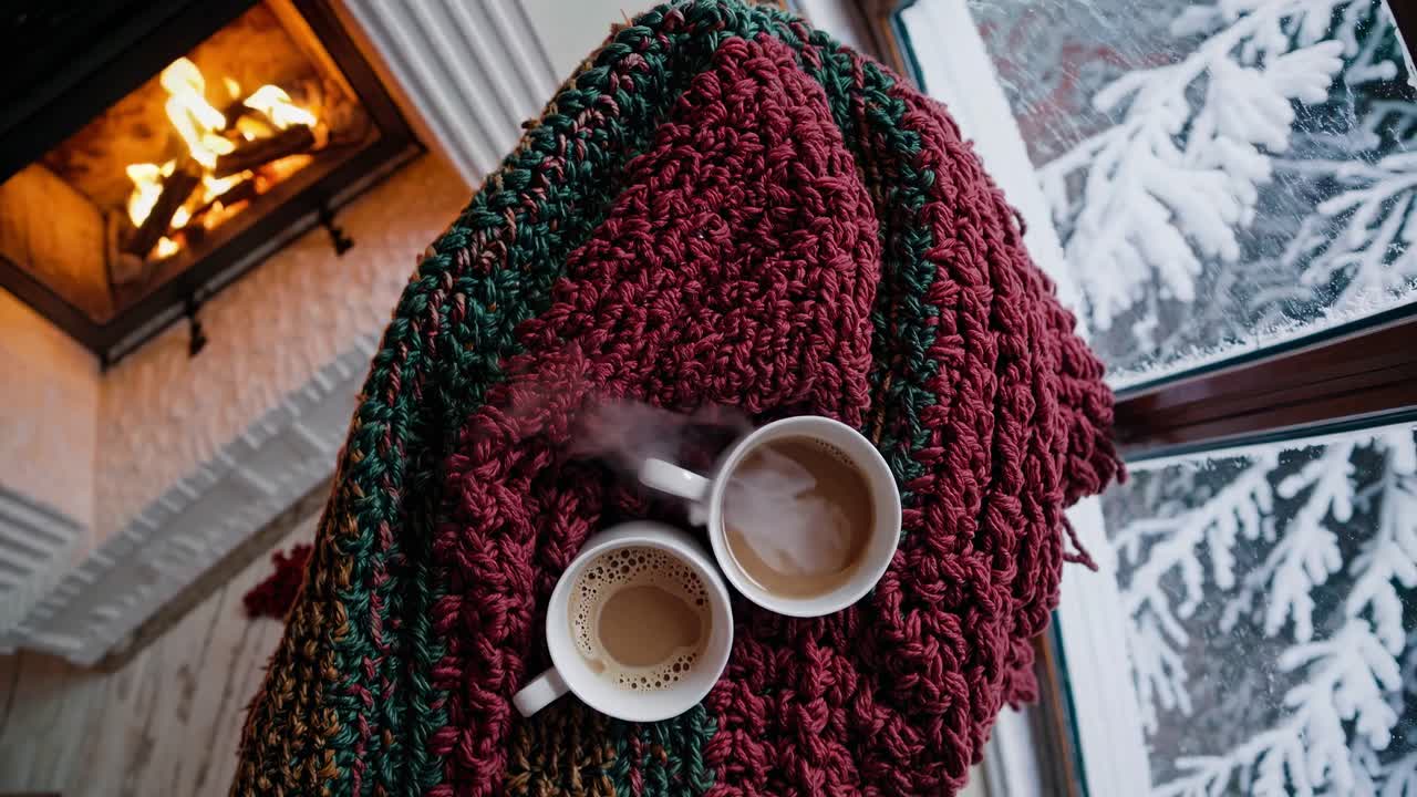 Cozy winter scene with two steaming mugs on a knitted blanket by a window