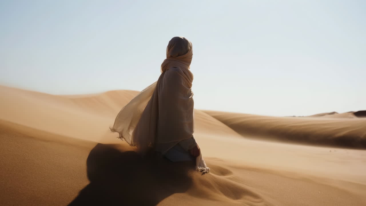 Donna seduta su dune di sabbia sotto la luce cinematografica del sole, che indossa una veste fluida e una sciarpa, il vento che solleva il tessuto.