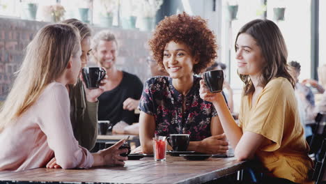four young female friends meeting sitting at table in coffee shop and talking