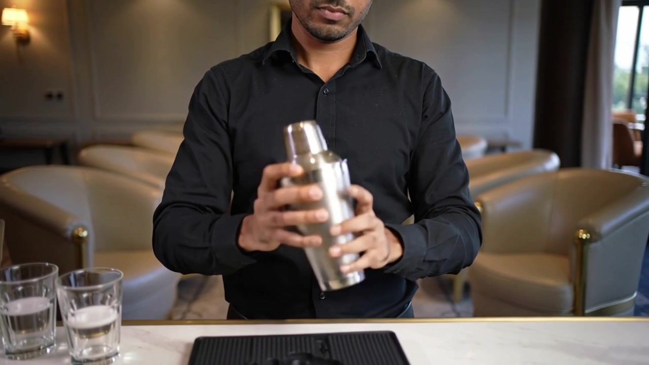 Bartender i sort skjorte griber fat i en metalshaker og ryster den for at tilberede en cocktail i loungen ved barmåtten