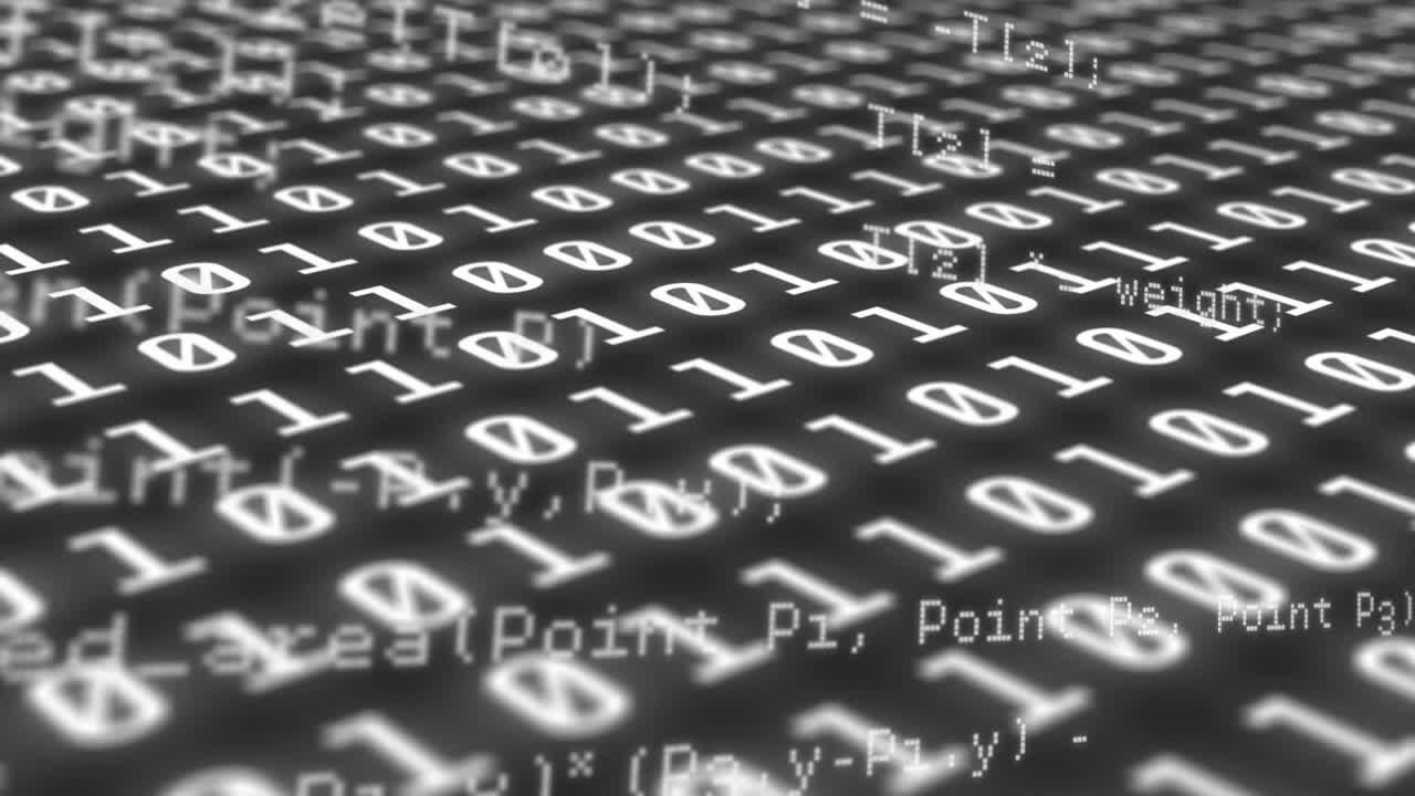 Digital animation of data processing against binary coding data processing on grey background