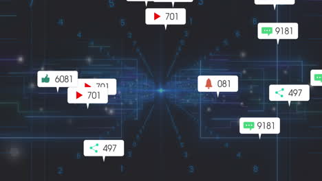 glowing circuit lines streaming from vanishing point while floating social media icons pulsing data