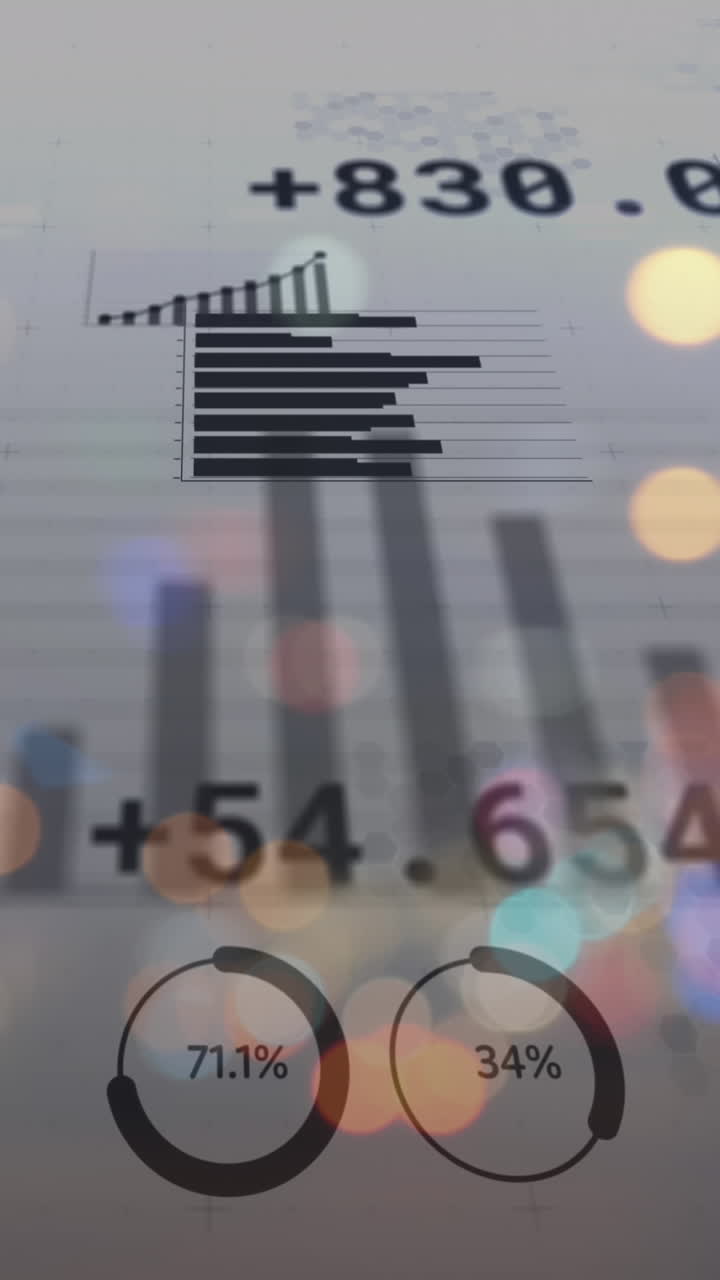 Animation of statistics and financial data processing over out of focus city road lights