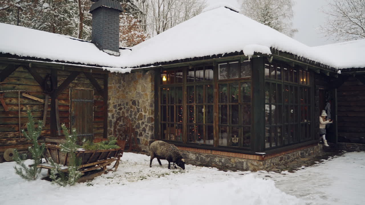 Christmas outdoor decoration background. View of house decorated for Christmas outside