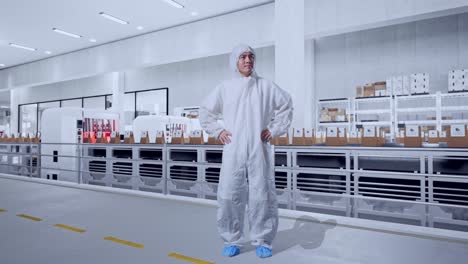 full body of asian male scientist putting hands on his hip and looking around with conveyor for packaging coffee beans in bags at coffee factory