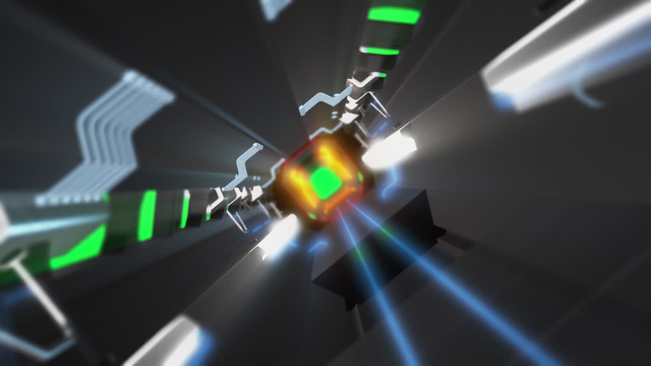 미래의 우주선 터널을 통과하여 녹색 화면으로