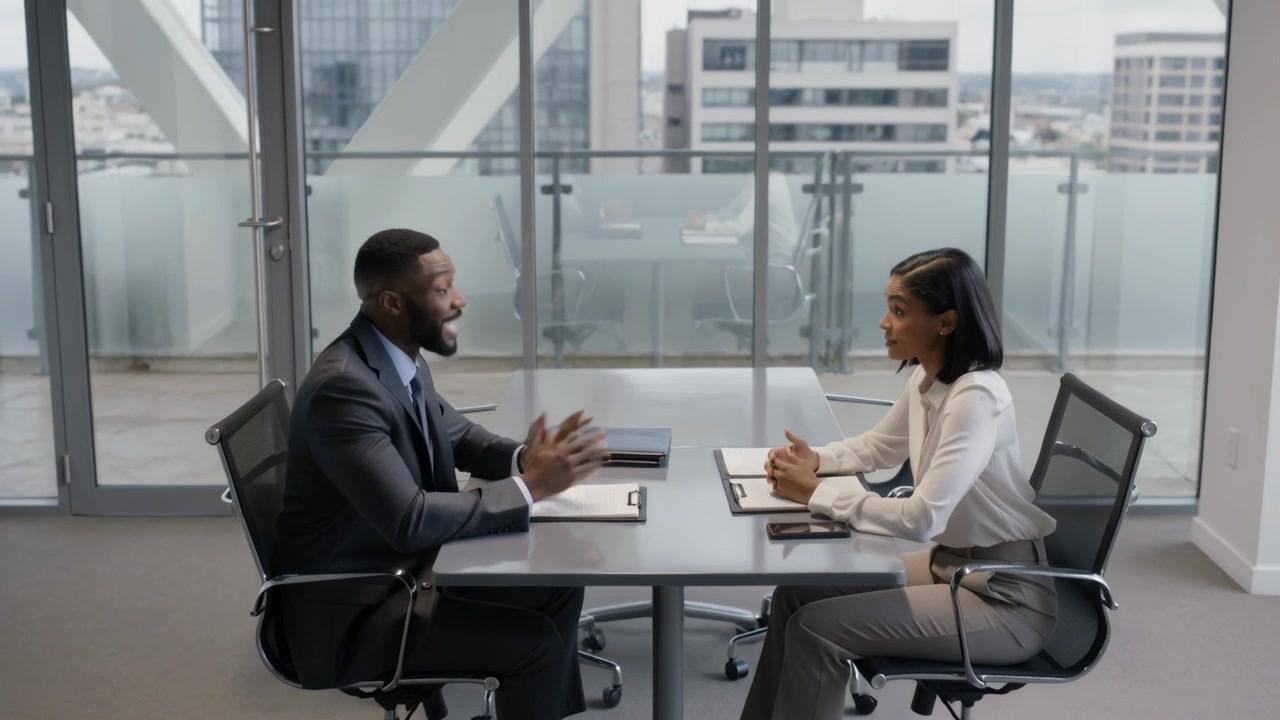 Presenting woman in blouse, man in suit listening, responding in glass nook with pad for meeting