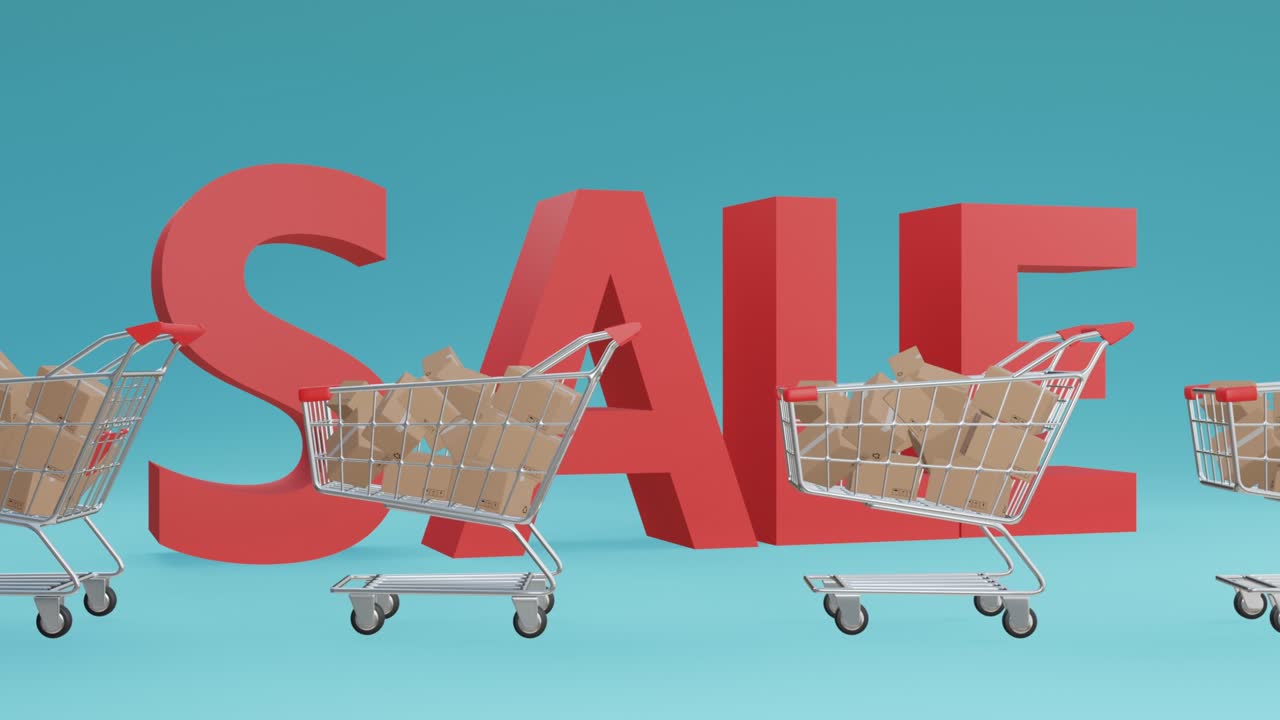 Realistisk 3D-animation af et stort antal indkøbsvogne, der bevæger sig fra højre mod venstre på skærmen, med store udsalgstekster, der falder ned fra oven, i konceptet for varelevering og handel.