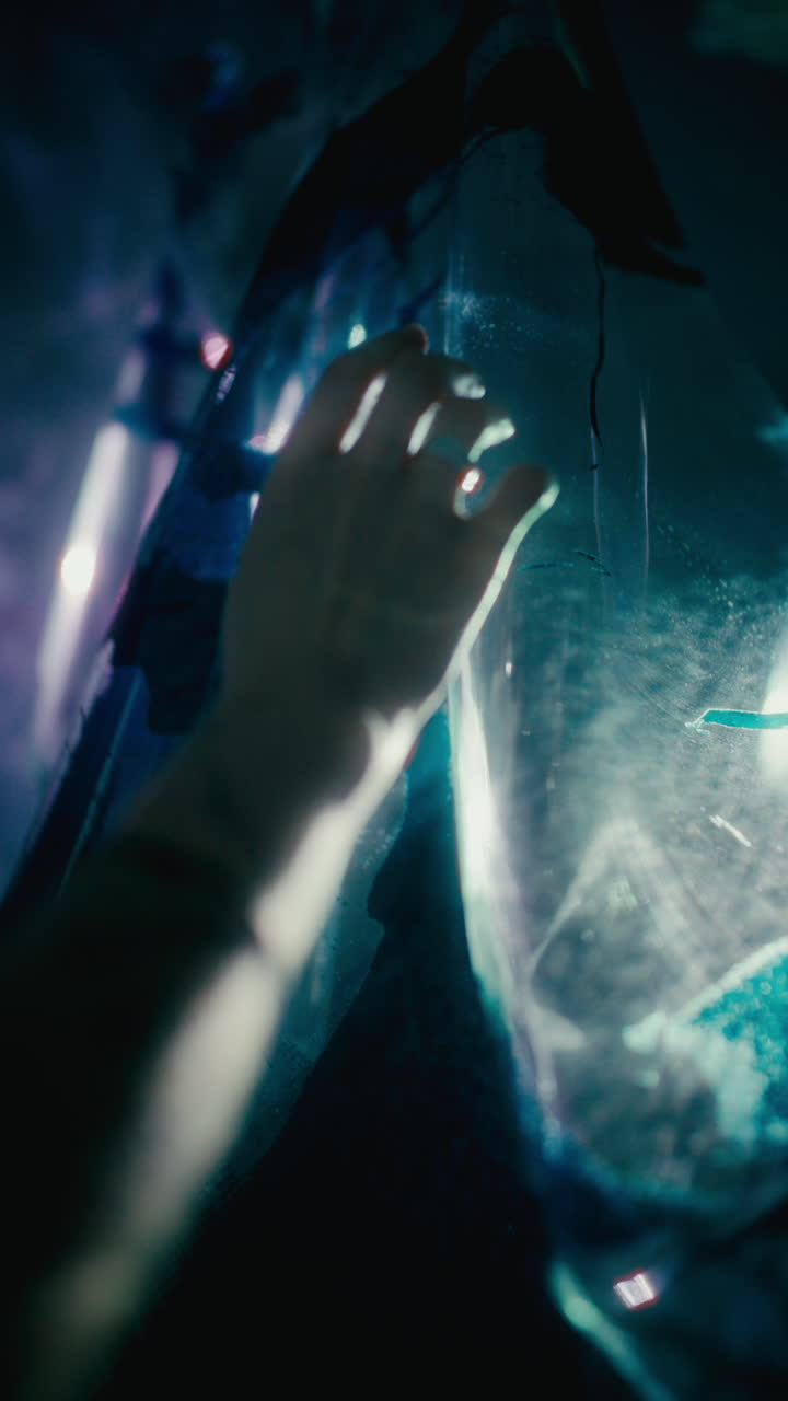 Hand Gently Touching Translucent Fabric Illuminated by Light in Darkness