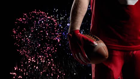 animación de la sección media del jugador de fútbol americano sobre fuegos artificiales en fondo negro