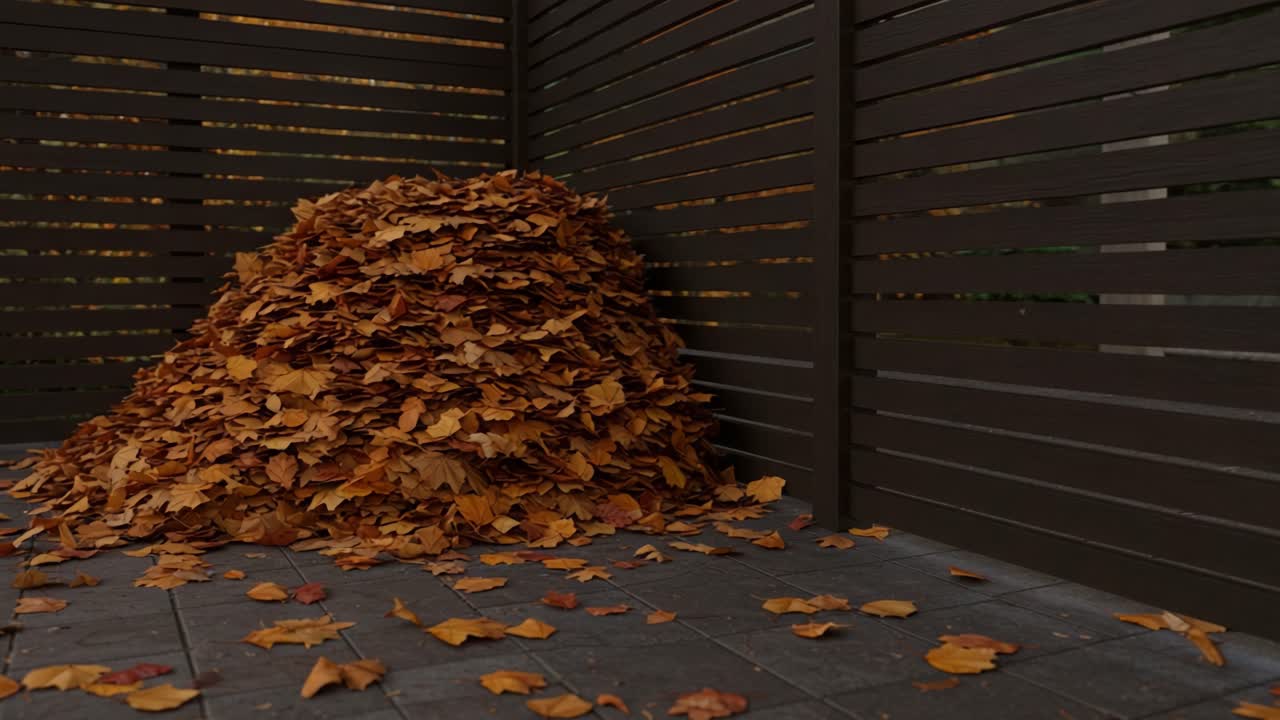 A Pile of Autumn Leaves Accumulating on a Stone Surface Under a Wood-Latticed Structure, Capturing the Essence of Fall and Natural Beauty