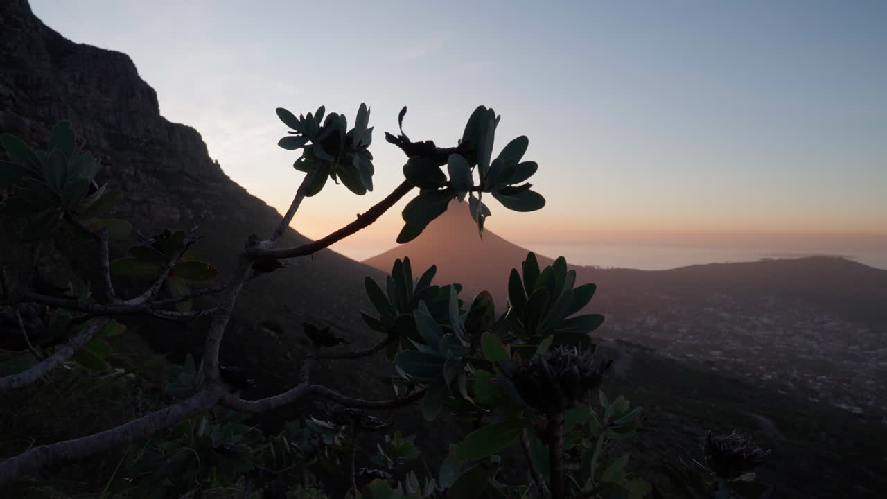 Pan shot of View of Cape Town from a distance at dusk in South Africa